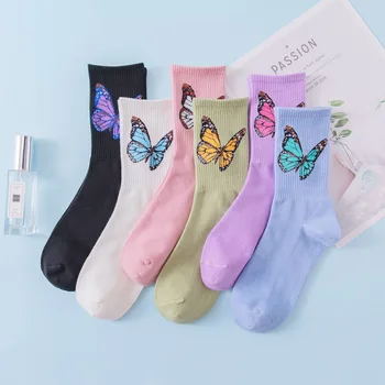 Женские носки из хлопка с принтом бабочки, женская одежда Ropa Mujer в корейском стиле Harajuku, Кавайные Женские носки Calcetines Femme для подарка девушке