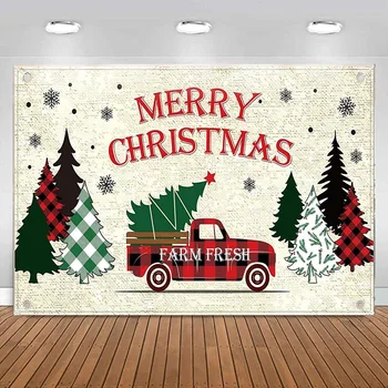С Рождеством, фотография красного грузовика, фон баннера, Рождественская елка, ферма, Свежее фоновое фото для украшения зимней праздничной вечеринки