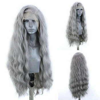 Длинные волнистые синтетические кружевные парики спереди для женщин из термостойких волокнистых волос, серые кружевные парики