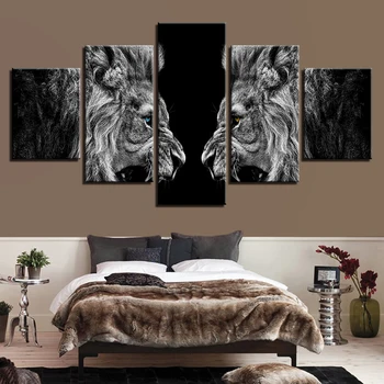 Черное Фоновое животное Лев, Модульные плакаты с 5 панелями с HD-печатью, домашний декор, картина на холсте, настенная картина для гостиной
