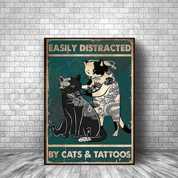 Легко отвлекается на плакат с кошками и татуировками, принт с кошками, принт на холсте в стиле арт-деко