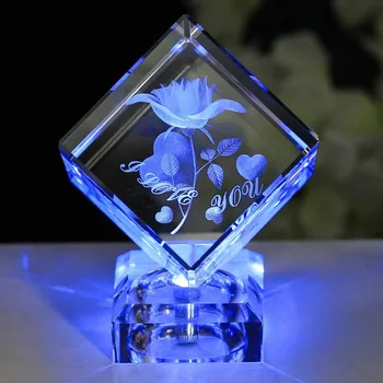 3D лазерная гравировка K9 Хрустальная роза, куб, светодиодная основа для подарков на День Святого Валентина, День рождения, Свадьбу, Годовщину