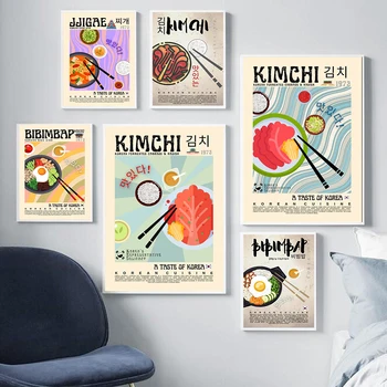 Винтажные плакаты с корейской едой, ретро Jjigae Kimchi Bibimbap, картина на холсте, настенное искусство, современная кухня, ресторан, домашний декор.