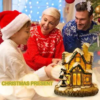 Рождественское украшение, красочный мини-дом из смолы, украшение рабочего стола, Реалистичная рождественская статуэтка со светодиодной подсветкой, Праздничный дом на батарейках