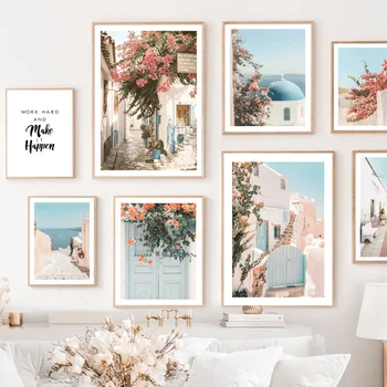 Замок Санторини, Лазурно-голубой пейзаж океана, настенное искусство, холст, живопись, плакаты на скандинавскую тему и принты, настенные картины для декора гостиной