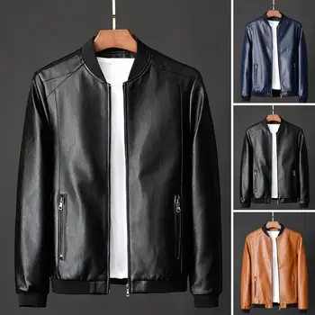 Мужское пальто, мужская верхняя одежда, стильная мужская мотоциклетная куртка из искусственной кожи, ветрозащитный воротник-стойка, застежка-молния для осени / зимы