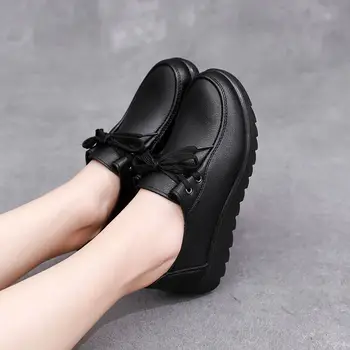 Демисезонные женские кроссовки, черные кожаные туфли на плоской подошве, Обувь для пригородных поездок, Тонкая обувь для отдыха, повседневные лоферы на мягкой подошве, повседневная обувь на шнуровке