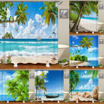Пляжная занавеска для душа, Водонепроницаемая Занавеска для украшения дома, 3D Пальма, приморский пляжный пейзаж, напечатанный на крючках, занавеска для ванной комнаты