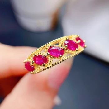 Кольцо с натуральным рубином Золотое женское кольцо в ряд свежий простой подарок из стерлингового серебра 925 пробы