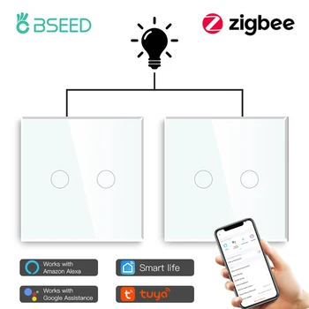 BSEED Сенсорные Выключатели Zigbee 2Gang 2way Умные Настенные Выключатели Tuya Smart Life Alexa app control Стеклянная Панель Без Нейтрали 2 шт