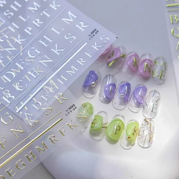 Лазерное Бронзирование 26 Английских Букв Серебро Зеленый Золото 3D Самоклеящиеся Наклейки Для Украшения Ногтей Наклейки Для Маникюра Оптом Женщина