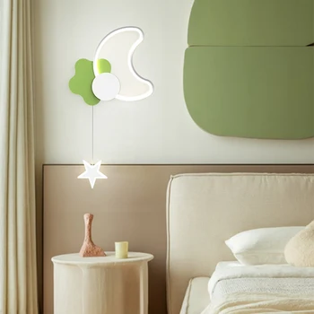 Современный минималистичный настенный светильник в виде звезды и Луны для спальни, настенный диван, стол, Зеленый, Белый С лампочкой, украшение для дома в помещении