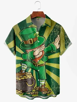 Летняя мужская гавайская рубашка с графическим принтом на День Святого Патрика, Зеленый клевер, Без карманов, с лацканами, с коротким рукавом, повседневная рубашка для фестивалей и вечеринок