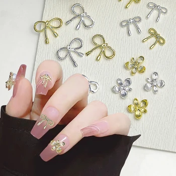 1 пакет Металлических Золотых Серебряных Подвесок для ногтей в форме цветка с бантом, Смешанные 3D Украшения для ногтей со стразами, Блестящие Аксессуары для маникюра для ногтей