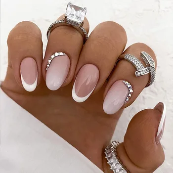 24шт Простых коротких миндалевидных накладных ногтей, белые французские накладные ногти со стразами, прижимающиеся к ногтям, полностью покрывающие съемные типсы для ногтей
