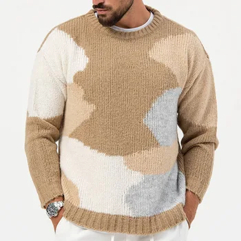 2023 Осенние свитера с длинным рукавом, уличная одежда, Повседневный мужской зимний джемпер, вязаные модные пуловеры с круглым вырезом и блочной строчкой, Вязаные пуловеры