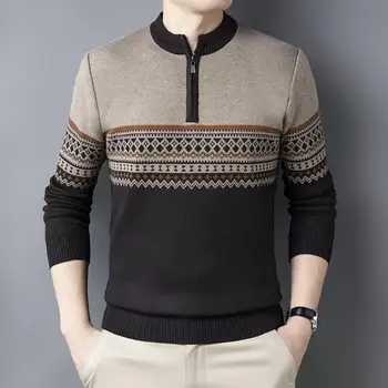 Легкий вязаный свитер, мужской топ в цветном блоке, винтажный вязаный мужской свитер в полоску с круглым вырезом на молнии для зимы