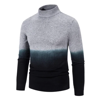 Мужской свитер, новый зимний повседневный вязаный градиентный теплый пуловер с имитацией горловины, винтажный приталенный индивидуальный дизайн