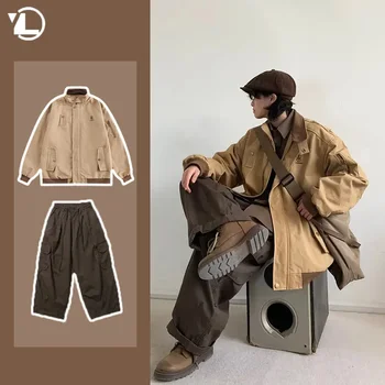 Осенний повседневный мужской костюм с вышивкой, рабочая куртка с несколькими карманами + модные широкие брюки в стиле ретро, японский Harajuku, унисекс, новинка из 2 предметов