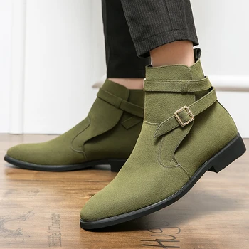 Новые Зеленые Мужские ботинки в стиле ретро, Дизайнерские Замшевые ботинки с пряжкой, Модельные Вечерние ботинки, Повседневная Зимняя мужская обувь 