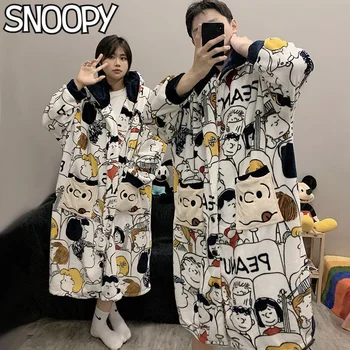Зимние пижамы Snoopy для женщин и мужчин, Банный халат, Милая домашняя одежда с мультяшными капюшонами, пижамы, Фланелевый халат Kawaii, Плюшевая ночная рубашка