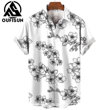Гавайская рубашка для мужчин, Летние повседневные топы с короткими рукавами, модная мужская рубашка с цветочным принтом и отворотом, уличная пляжная одежда большого размера