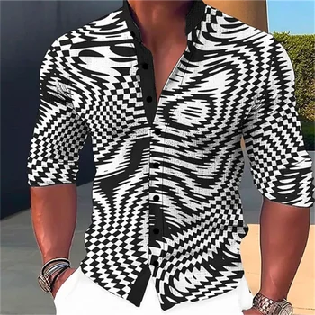 Мужская рубашка, машинная органная 3D печать, стоячий воротник, черно-белая уличная одежда с длинными рукавами, модная уличная одежда