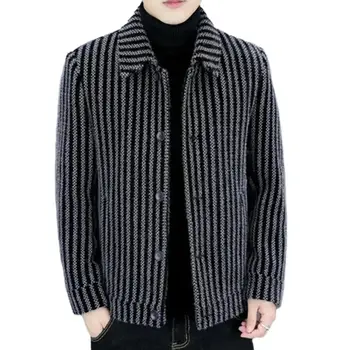 Куртка с отворотом, толстый теплый полосатый мужской кардиган, пальто с отложным воротником, длинный рукав, плюс размер, повседневная мужская одежда средней длины