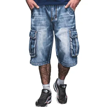 Джинсы для мужчин, летние Новые мужские синие джинсовые шорты с множеством карманов, уличная одежда, свободные прямые джинсовые шорты большого размера
