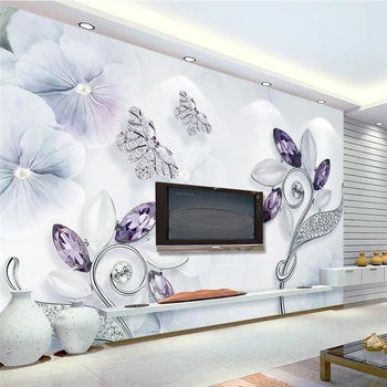 beibehang 3d стерео фиолетовый хрустальный цветок, украшения с бабочками, ТВ-фон, стена, большая настенная роспись на заказ, зеленые обои