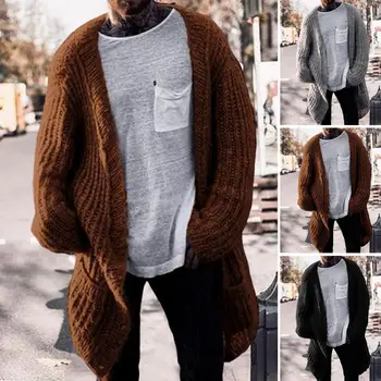 Стильная мужская куртка-кардиган Осень-Зима, мужской Кардиган, свитер, Однотонный Ветрозащитный Вязаный кардиган средней длины, уличная одежда