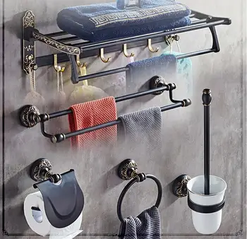 Набор аксессуаров для ванной комнаты из алюминия с художественной резьбой в черно-золотой отделке, крючок для халата, держатель для бумаги, вешалка для полотенец, корзина для мыла