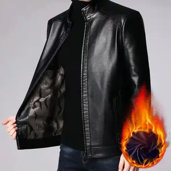 Мужская куртка Из Искусственной Кожи, Ветрозащитный Толстый Плюш, Удерживающий Тепло, Карманы для мужчин Среднего возраста, Мотоциклетное Пальто для отца куртка мужская