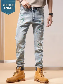 Осенние новые мужские джинсы, рваные модные эластичные облегающие брюки-карандаш, мужские повседневные брюки с рисунком для улицы, джинсовые брюки с росписью