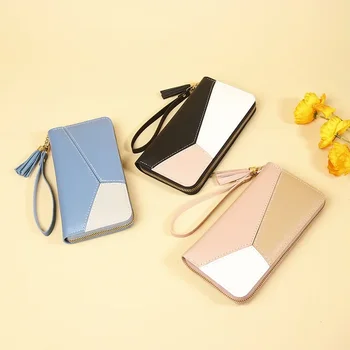 Новый женский кошелек модного корейского издания, ручная сумка контрастного цвета с длинной застежкой-молнией и кисточкой, сумка для телефона, кошелек большой емкости