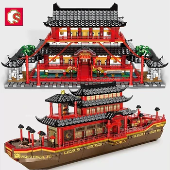 SEMBO Китайская Традиционная Лодка Модель Чердака Строительные Блоки Городской Креативный Корабль Паром Ролевые Игры Фигурки Кирпичи Игрушки для Детей