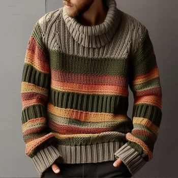 Модные свитера с высоким воротом, мужские осенние винтажные полосатые жаккардовые вязаные топы, мужской свитер, повседневный пуловер свободной вязки.
