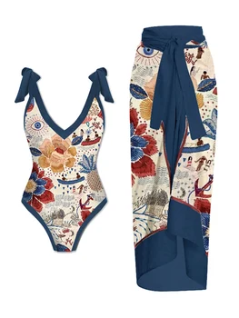 Винтажный цельный купальник с цветочным геометрическим принтом и прикрытием, роскошные купальники для женщин, купальный костюм с V-образным вырезом, сексуальный 2023