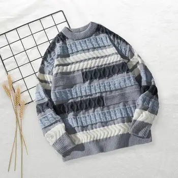 Теплый мужской свитер, стильный мужской вязаный свитер, мягкий теплый пуловер с круглым вырезом и контрастной полосой для осенне-зимней моды Casual