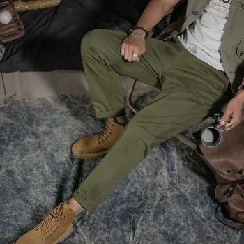 Хлопок смарт повседневные штаны для мужчин одежда ретро грузов промывают брюки свободные негабаритных конические удобно носить закатать сплошной цвет
