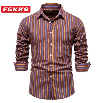 FGKKS 2023 Уличная Повседневная Рубашка Для Мужчин В Полоску, Тонкий Модный Топ, Высококачественный Дизайн, Горячая Повседневная Уличная Рубашка Для Мужчин