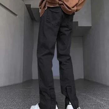Мужские выстиранные джинсовые брюки на молнии, винтажные дышащие прямые брюки в стиле хип-хоп, мужские брюки для бега трусцой, стрейчевые брюки, спортивные брюки
