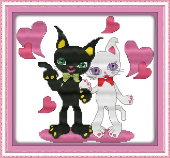 Набор для вышивания крестиком с изображением черной кошки и белого кота в форме сердца, 14 карат, 11 карат, печать на холсте, вышивка, рукоделие ручной работы, сделай сам