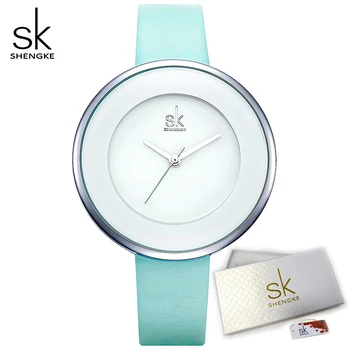 Простые женские часы Shengke с большим циферблатом, светло-голубой кожаный ремешок, кварцевые женские наручные часы, водонепроницаемые часы для платья