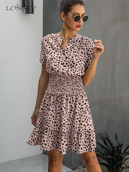 Женское леопардовое повседневное Черное летнее мини-платье с рюшами, пуговицы, женская фиолетовая приталенная женская одежда с талией