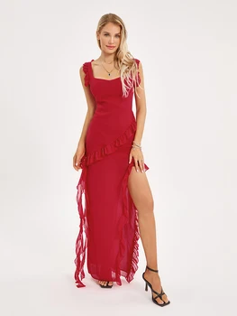 Женское сексуальное длинное платье с высоким разрезом, облегающее платье без рукавов с рюшами, прозрачное вечернее клубное коктейльное платье для вечеринок, платья