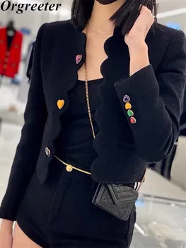 Французская черная шерстяная куртка, короткое пальто от маленького ароматного ветра, женская осенняя верхняя одежда с пуговицами в форме сердца, укороченная верхняя одежда