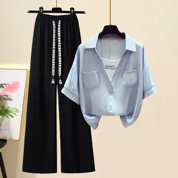 2023 Модные Женские наряды Повседневный пуловер-двойка с короткими рукавами и завязками, Широкие брюки Оверсайз 4XL в Корейском стиле