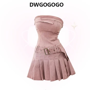 Сладкое пряное джинсовое платье без бретелек, женская уличная одежда, новая розовая облегающая короткая юбка в американском стиле