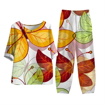 Летние комплекты из 2 предметов, женская одежда, футболки и свободные брюки с принтом в виде листьев, повседневный тонкий костюм с коротким рукавом, уличная одежда